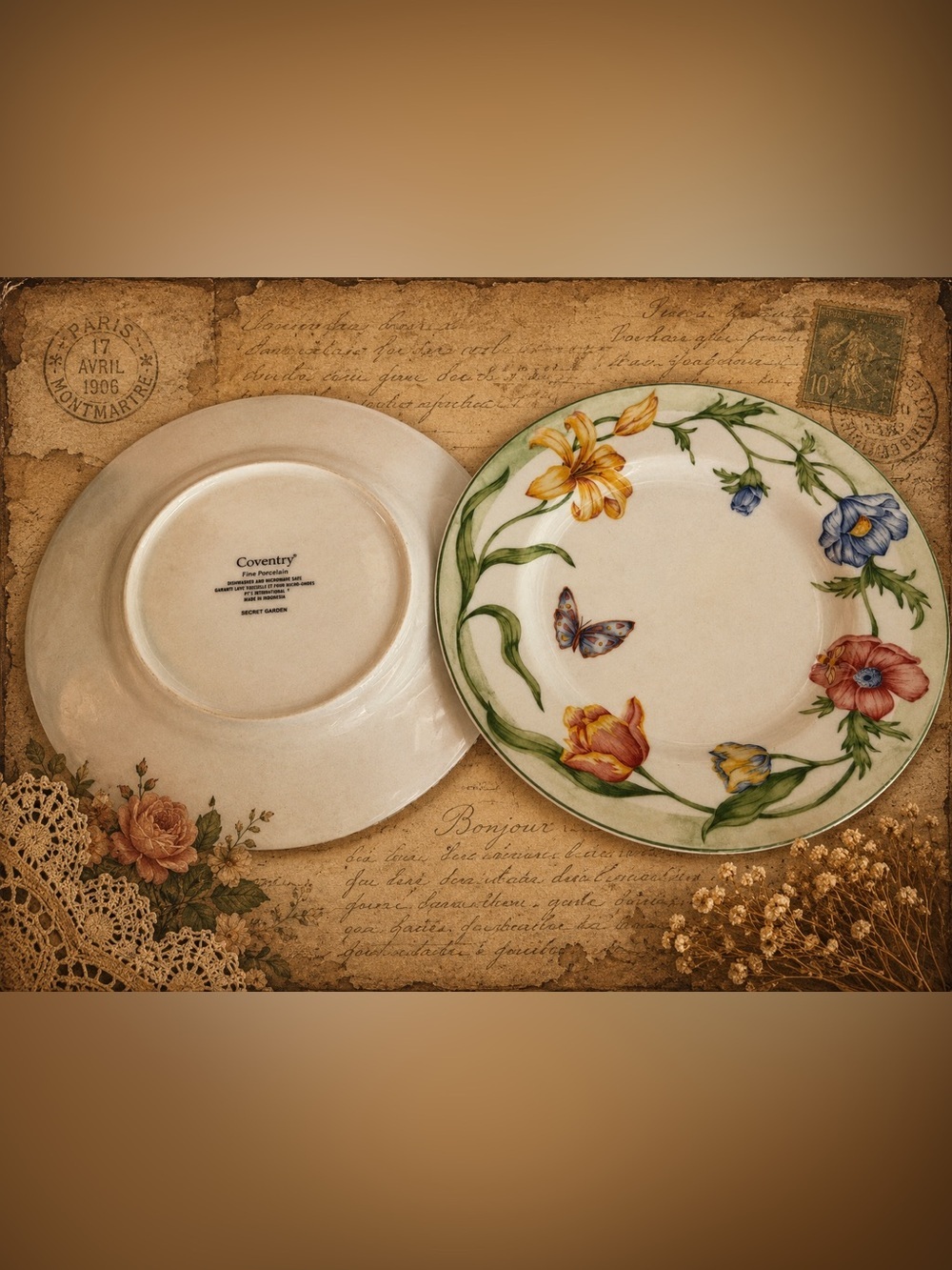 Set of 2 Coventry Secret Garden Fine Porcelain Dinner Plates Floral Butterfly